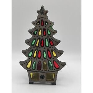Vintage Stained Glass Cast Iron Gold Christmas Tree Candle Holder Taiwan 7.25"